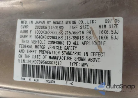 2006 Honda Cr-V Se из США, поврежденный, VIN JHLRD78956C007513